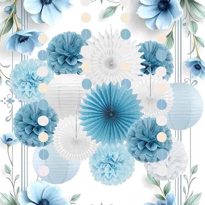 Dusty Blue White Party Decorations Paper Lanterns Tissue Pom Poms Flowers White Paper Fans for Light Blue Birthday Baby Shower Bridal Shower Wedding Party Decoration
