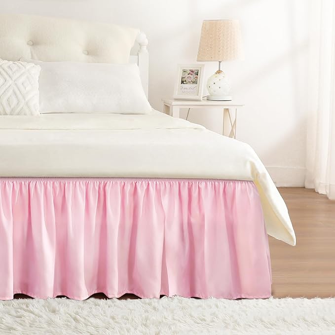 RIMELA Bed Skirt Twin Size Dusty Pink 15 Inch Drop, Wrap Around Elastic Bedskirt, Dust Ruffle for Adjustable Bed Base Soft Durable Fabric Machine Washable Easy to Install Bed Skirts