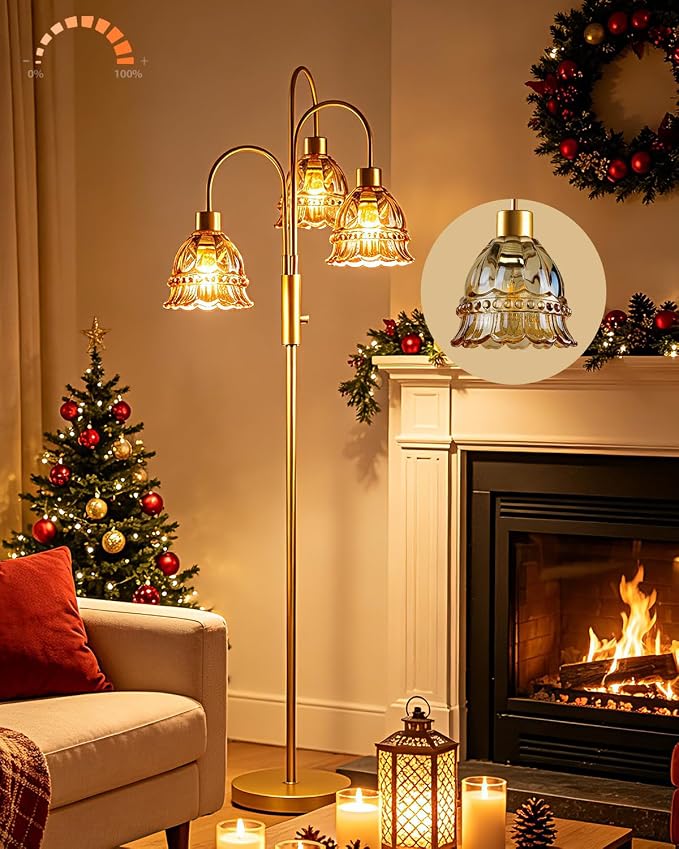 3-Light Glass Floor Lamp with Amber Ribbed Glass Shades, 70" Gold Dimmable Tall Standing Lamp with 3PCS 3000K Warm White Bulbs, Modern Tree Pole Lamp for Living Room Bedroom Home Office Corner Decor