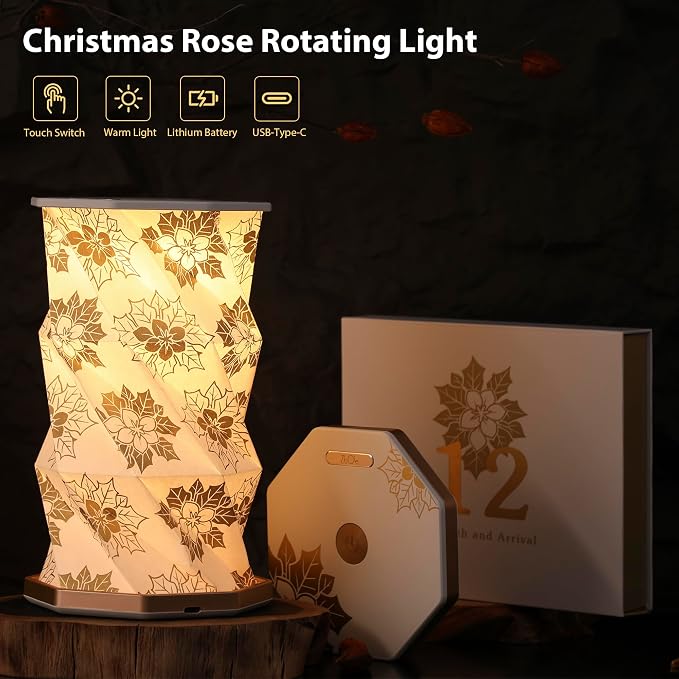 Birthday Flower Folding Lamp, Paper Lantern Lights, Japanese Gifts | Rechargeable Paper Light, Elegant Gift Box – Ideal Anniversary, Birthday Gift for Women, Mom, Grandma-White Christmas Rose