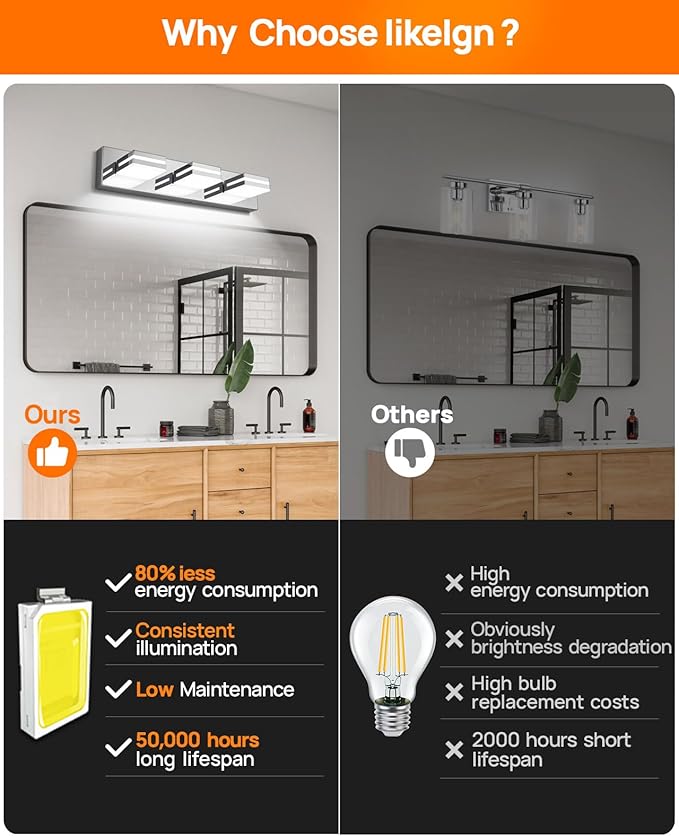 Modern Bathroom Vanity Light, Bathroom Light Fixtures Over Mirror, 22", 3-Light LED Vanity Light 3000K 4000K 5000K CCT Adjustable, Chrome