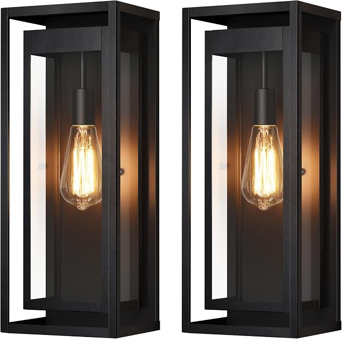 19" Large Outdoor Wall Light Fixtures, Black Porch Light, 2 Pack | Large Size, Anti-Rust, Waterproof, Tempered Glass, Easy Installation, Modern Exterior Sconces for House Entryway Garage