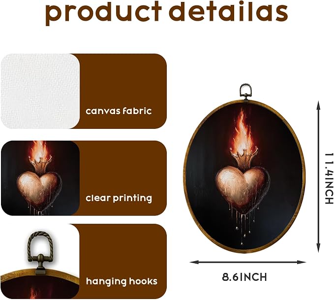 zewepri Sacred Heart Oval Wall Art, Gothic Vintage Decor, 8.5x11.5 | Vintage flaming heart print adds moody gothic charm to nursery, bedroom, bathroom, living room, or gallery wall