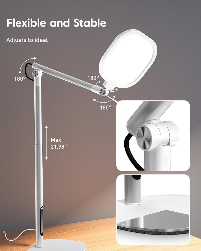 Tall LED Desk Lamps with Base, Edge-Lit Eye-Care, 50 Light Modes | 40" Height, Dimmable & Flexible, CRI>97.8, Memory and Timer Func, Stable Metal Base for Home Office, Video Calls & Drafting