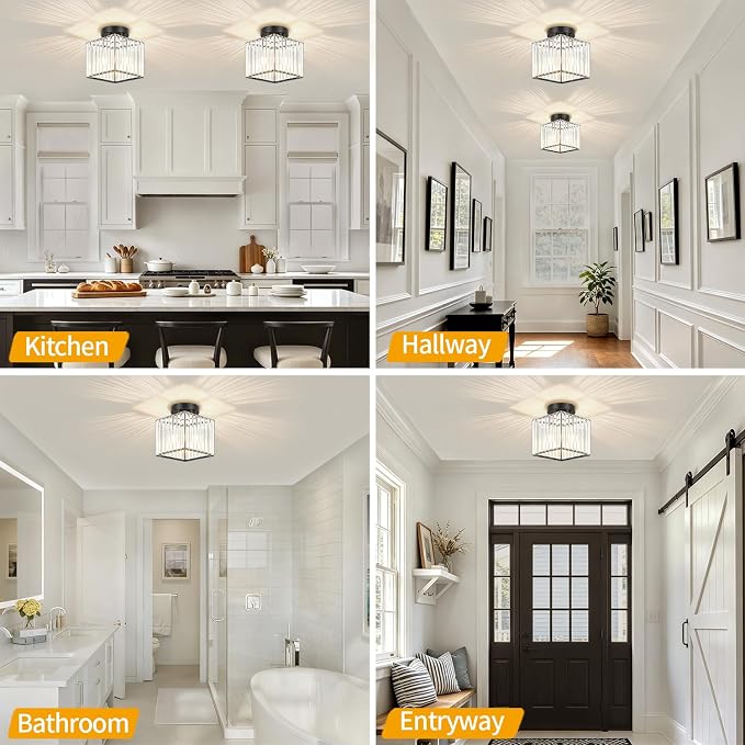 Modern Black Ceiling Light Fixture Crystal Hallway Entryway Light Fixtures | 2-Pack, 7.24 Inch, E26 Dimmable, Bathroom Bedroom Ceiling Light, Kitchen Dining Room Closet Close to Ceiling Light Fixtures