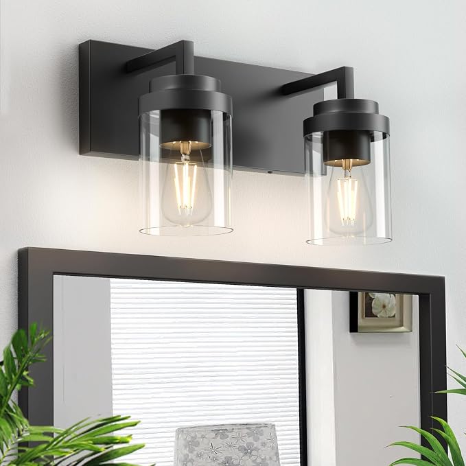 Bathroom Vanity Fixtures, 2 Light Matte Black Vanity Light with Clear Glass Shade, 15in Farmhouse wall Light, Lighting Fixture Over Mirror for Bathroom