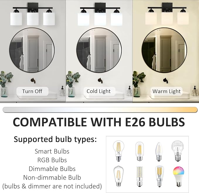 3-Light Matte Black Bathroom Vanity Light, Modern Bathroom Light Fixtures Over Mirror, Farmhouse Wall Sconce with Milky White Glass Shades, E26 Socket