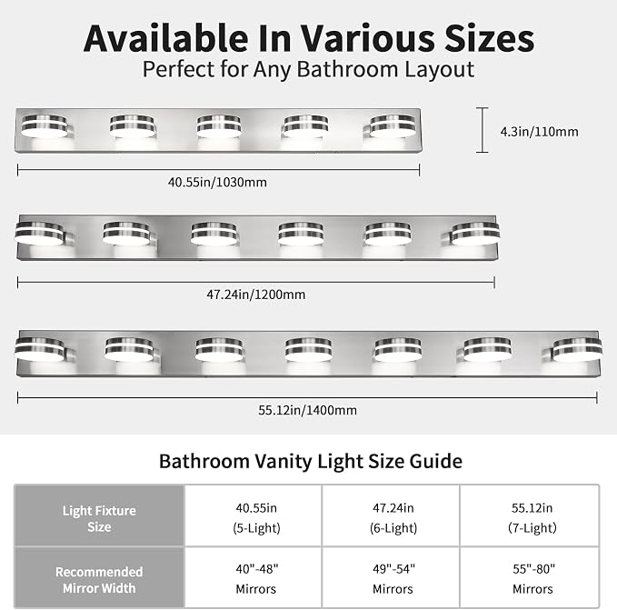 LED Brushed Nickel Bathroom Vanity Lights 5 Light 40.55in | 30W LED Bathroom Light Fixtures Over Mirror, with 360° Rotating Lamp Head, 5CCT Dimmable, Dimmer Switch Not Included