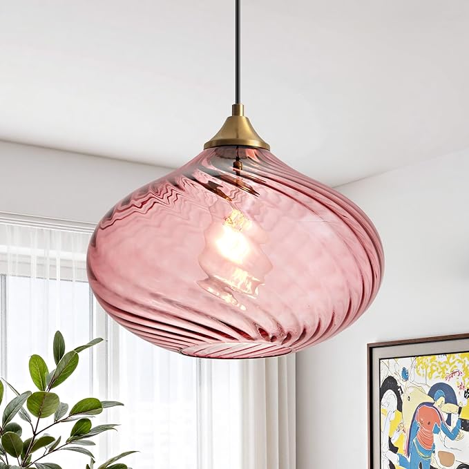 11in Gold Pendant Lights Kitchen Island with Purple Pink Glass Shade 1Pack | Handcrafted Glass Pendant Light Fixtures, UL Certified, E26 Base 100W Max, Height-Adjustable, Dimmable Hanging Pendant Light