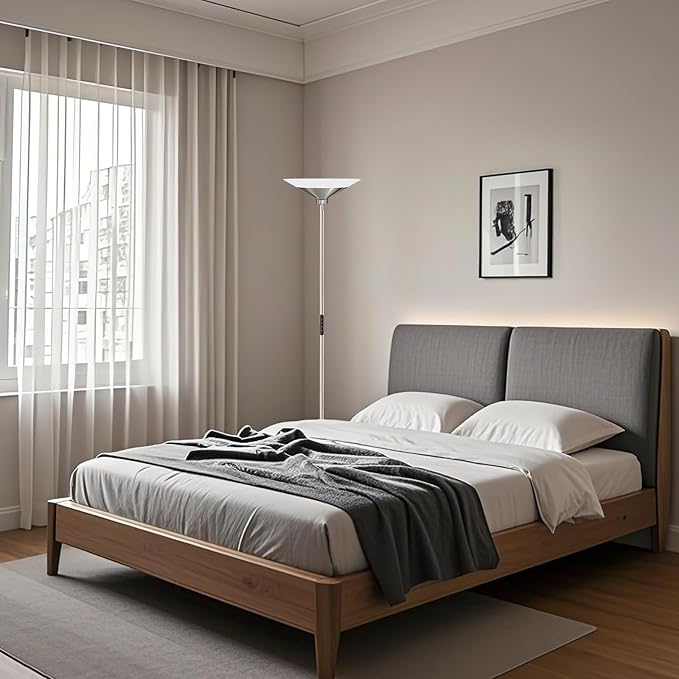 Metallic Silver Torchiere Floor Lamp - 30W Dimmable LED Standing Lamp with Remote/Button Control, 1800Lm, 3000-6500K, 72in Tall Bright Pole Light for Living Room Bedroom Office Corner