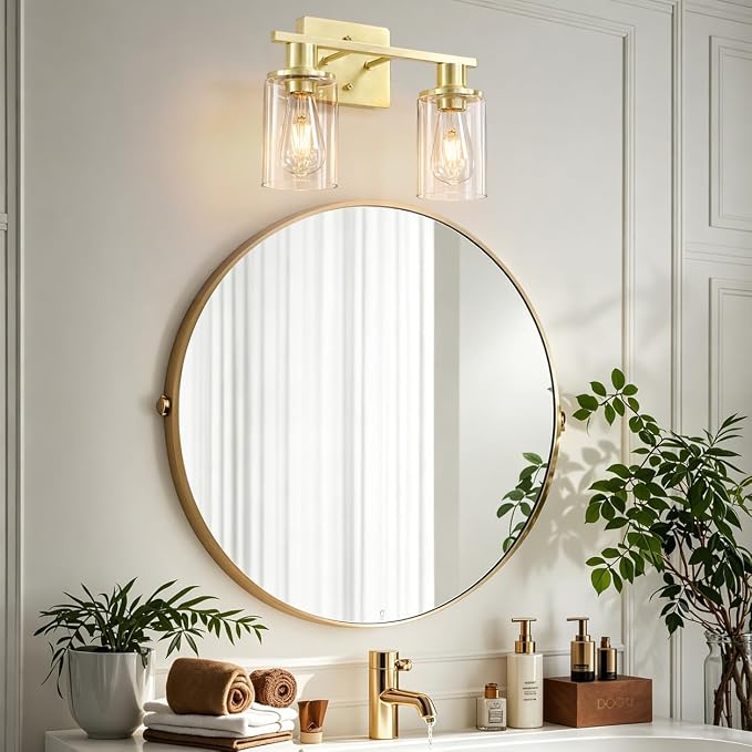 2-Light Gold Bathroom Vanity Light,Brushed Gold Bathroom Light Fixtures Over Mirror with Clear Glass Shade,Modern Wall Sconces Lighting for Kitchen Living Room Cabinet Hallway