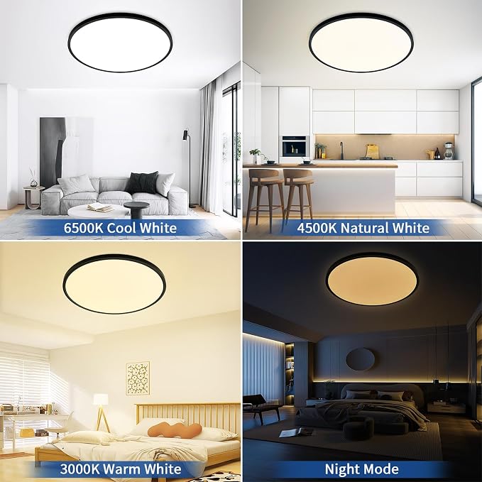 20 inch Dimmable Led Flush Mount Ceiling Light Fixture with Remote Control | 48W 4800LM, Ultra Thin, Modern, Round, Black Large Ceiling Lamp for Kitchen, Dining Room, Bedroom, Living Room, Home Office