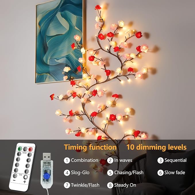 7.55FT 144LED Rose Blossom Enchanted Willow Vine Lights with Battery Box | 3 Color Rose Blossom Tree Branch Lights for Wall, Remote Timer,8 Light Model,Bedroom Wall Doors Wedding, Christmas
