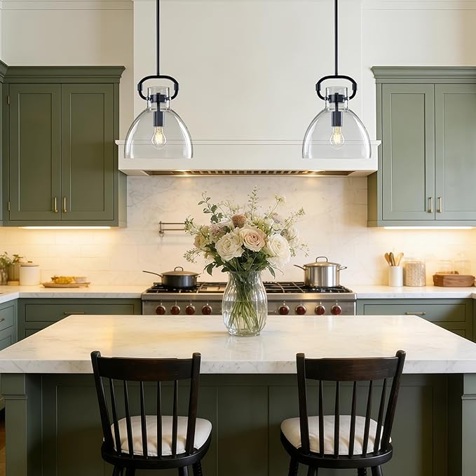 9.8'' Farmhouse Pendant Lights Kitchen Island, 1-Light Glass Modern Black Kitchen Island Lights, Pendant Light Fixtures for Dining Room Bedroom Over Table, E26