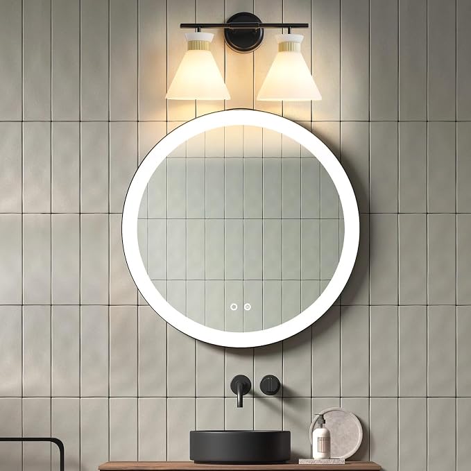 WOSHITU Bathroom Vanity Light Fixtures: 2-Lights Mid Century Modern Vanity Lights for Bathroom, Black and Gold Wall Sconce Lighting with Frosted Milky Glass for Over Mirror Bedroom Hallway