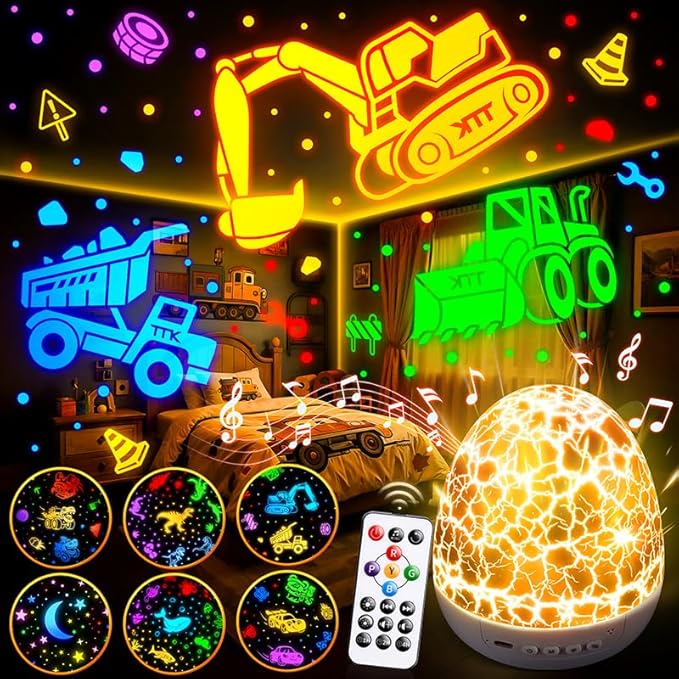 PIKOY Excavator Toys for Boys 3-5【15 Sounds & 6 Films】 Kids Construction Toys Truck Night Light [31 Colors & Remote Control] Dinosaur Egg Light for Nursery Toddler Boys Kids Gifts Easter Eggs Gifts