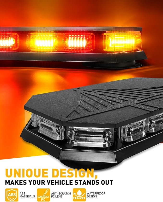 HLauto 406D Rooftop Emergency Strobe Lights Bar, 102 LED Amber Red Mini Beacon Safety Flashing Warning Traffic Lights Bar w/Magnetic Base for 12-24V Trucks, Construction Vehicles, Snowplow, Cars