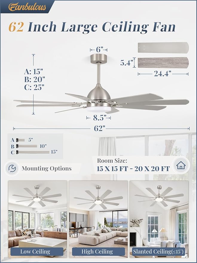 Fanbulous 62 Inch Outdoor Ceiling Fans with Lights,Nickel | Modern,6 Speeds,3CCT,Timer,Remote Control,Quiet Reversible DC motor,Large,8 Double-sided Blades,Easy Installation