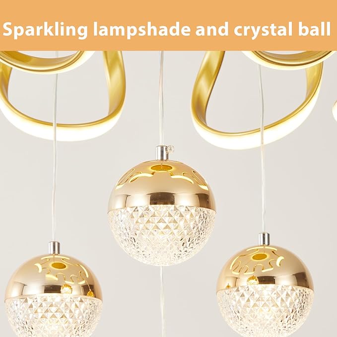 Modern Gold LED Chandeliers, Dimmable LED Pendnat Light Fixture for Kitchen Island Over Table Adjustable Height Modern Chandeliers for Dining Room Kitchen Island Living Room Bedroom