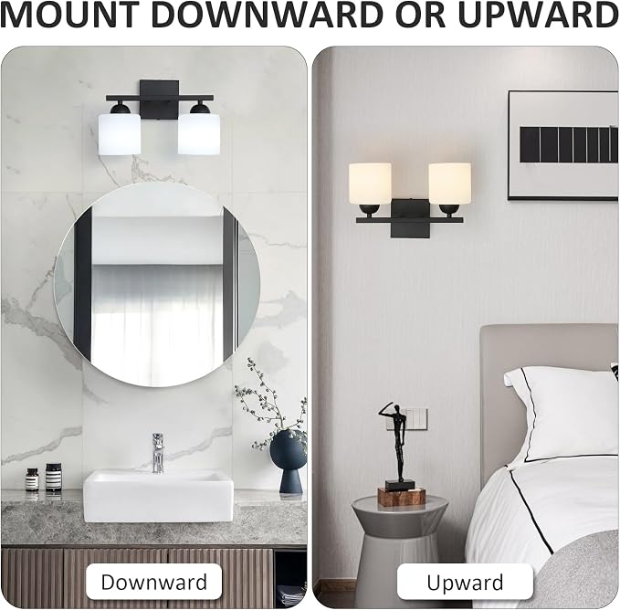 2-Light Matte Black Vanity Light, Modern Bathroom Light Fixtures Over Mirror, Vanity Light with Milky White Glass Shades, Farmhouse Black Wall Sconce, E26 Socket
