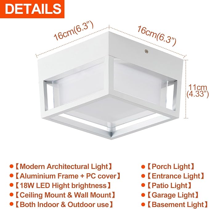 Small Outdoor Flush Mount LED Ceiling Light Exterior Porch Light Ceiling Mounted for Patio Balcony Terrace, 3000K Warm, 125w Equivalent, White, 6.3”x6.3”x4.3”