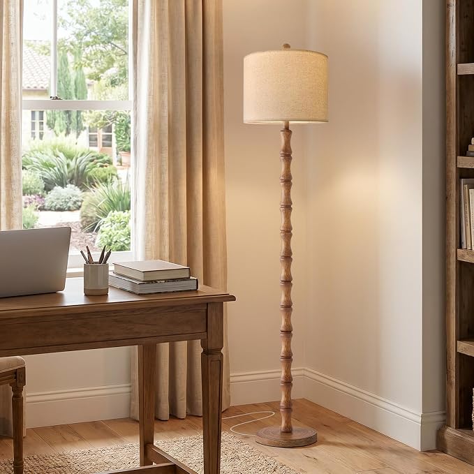 62" Farmhouse Floor Lamp for Living Room, Rustic Standing Lamp with Linen Shade and Rotary Switch, Resin Corner Floor Lamp for Bedroom, Dining Room, Office, Home Decor, Wood Grain