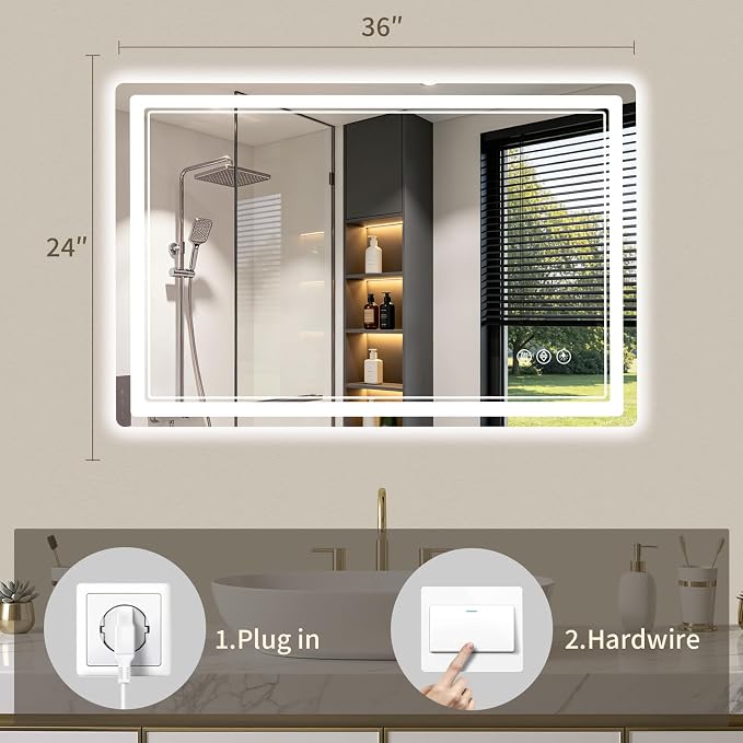 24"x36" LED Bathroom Mirror with Lights, Backlit + Front Lit, Anti-Fog, Lighted Bathroom Mirror for Wall, HD Shatterproof Tempered Glass, Dimmable, Memory Function (Horizontal/Vertical)