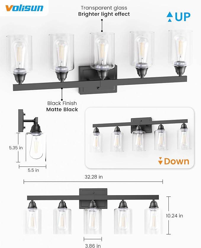 VOLISUN Matte Black Bathroom Light Fixtures, 5-Light Bathroom Vanity Light Over Mirror, Modern Vanity Lights for Bathrooms, Bathrooms Lights Fixtures Over Mirror with Clear Glass Shades