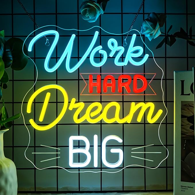NOSUN Work Hard Dream Big Neon Sign Inspirational slogan personal studio LED Sign Wall Decor Adjustable Brightness Neon Signs USB Connect Neon Light for Bedroom Home Bar Club Hotel Party Decor