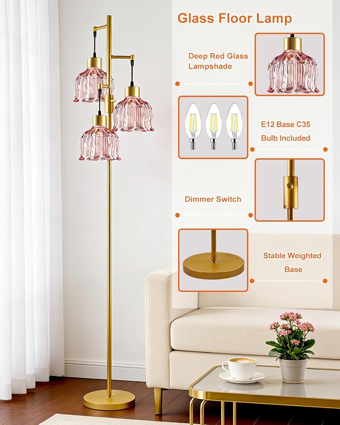 Lightdot 3-Light Flower Floor Lamps, 65'' Dimmable Floor Lamp with Rose Red Glass Shade& Bulbs Included, Mid Century Standing Lamp with 5Lbs Heavy Base for Living Room/Bedroom/Sofa Beside-Gold