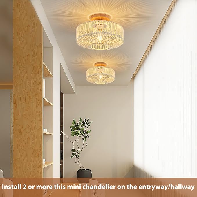 Rattan Light Fixtures Ceiling Flush Mount Boho Chandelier Bedroom Chandelier Ceiling Light for Nursery Hallway Entryway Kitchen Bathroom (Beige)