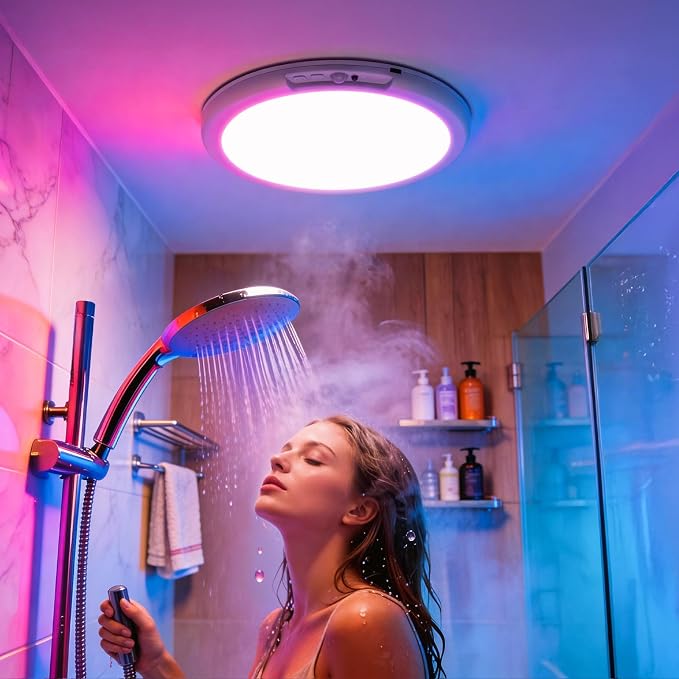 Bojim RGB Rechargeable Waterproof Shower Ceiling Light for Bathroom Inside | 12 Color Changing Motion Sensor Wireless LED Mood Battery Operated Wall Lights with Remote for Bedroom Party