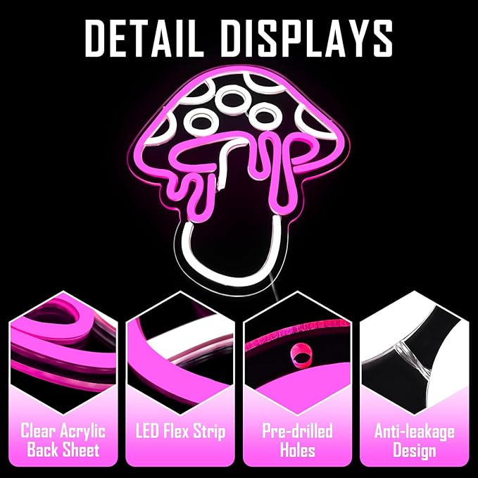 Mushroom Neon Sign Dimmable Led Neon Light Cute Neon Mushroom Sign Night Light 3d Wall Art Mushroom Neon Signs For Wall Decor Game Room Bedroom Decor Holiday Gift For Children Kids Girl (Pink)