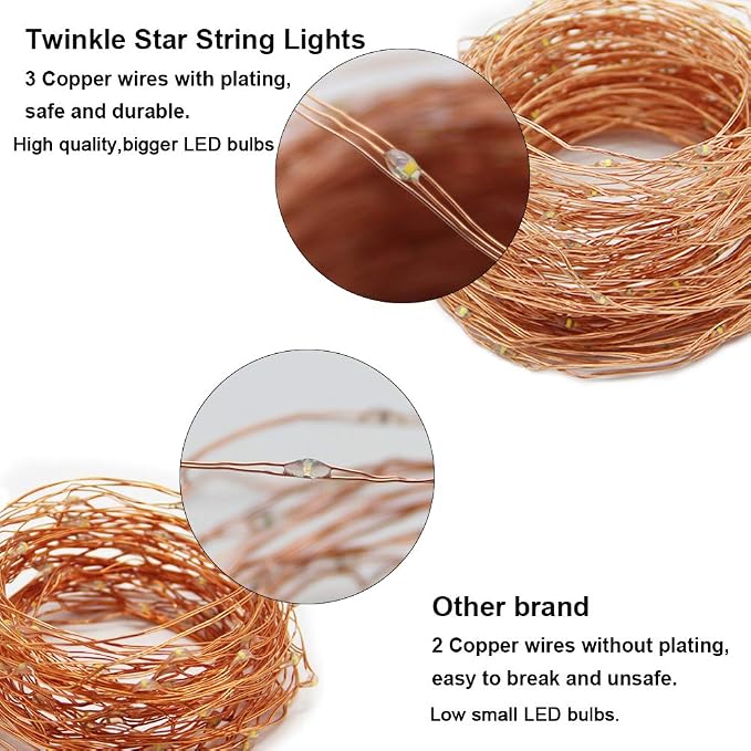 Twinkle Star 200 LED 66 FT Copper String Lights, Warm White | Fairy String Lights, 8 Modes, USB Powered, Remote Control, Christmas Tree Wedding Party Home Decoration