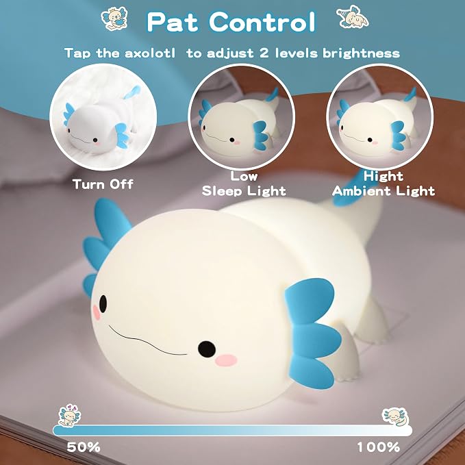 FAMIDUO Axolotl Night Light,Squishy Silicone Bedside Touch Lamp for Kids | Food Grade Silicone Nursery Light,Rechargeable/Dimmable/20Min Timer Axolotl Lamp,Baby Room Decor, Cute Gifts for Boys/Toddler