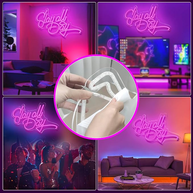 JEDAEMEN Slay All Day Neon Signs for Wall Decor Pink LED Sign Neon Lights | Pink Led Light Sign Preppy Room Decor Light Up Sign for Birthday Party Decoration USB Powered