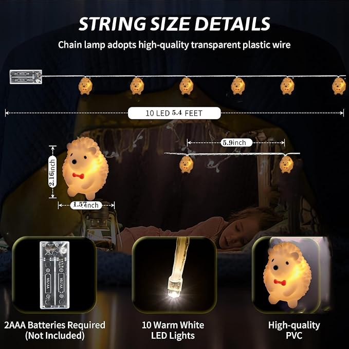 Hedgehog String Lights 5.4ft 10 LED Pets Fairy Llights Battery Operated Animal Night Lights for Children Bedroom Home Holiday Decortion (Hedgehog, 1.65m/10LED)
