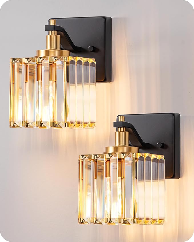EDISHINE Black Gold Bathroom Vanity Light Fixtures with Crystal Shade, E26 | Set of Two, 1-Light, Up Down Mounting, Wall Sconces for Bathroom, Powder Room, Dressing Areas