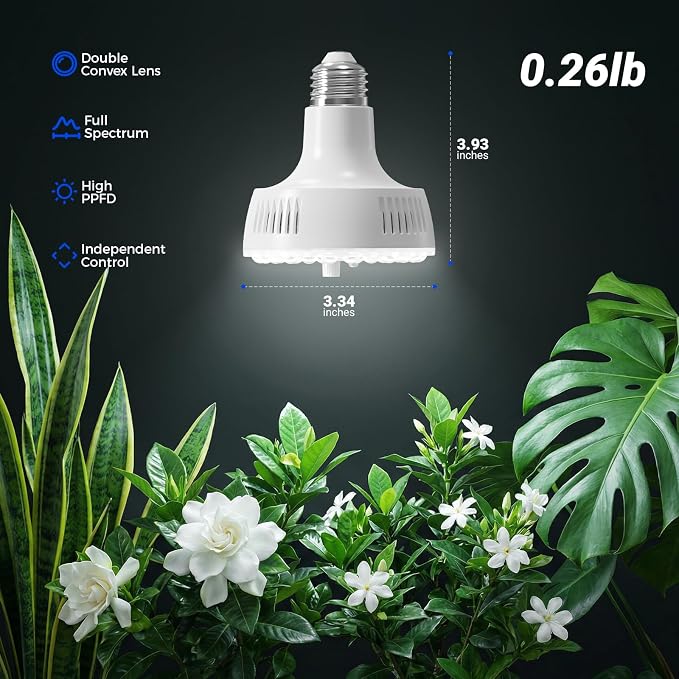 Barrina OG11A Grow Light Bulbs for Indoor Plant, 5000K 11W, 3 Packs, White | Integrated Dimming & Timing, E26 Plant Light Bulb, Full Spectrum, High PPFD for Seeds and Greens