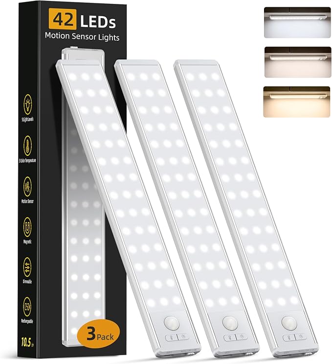10.5inch Under Cabinet Lighting Wireless, Motion Sensor Light Indoor 3PCS | 3 Color Temps & 5 Level Brightness, Rechargeable Magnetic Closet Light Under Counter Lights for Kitchen, Bedroom, Stair