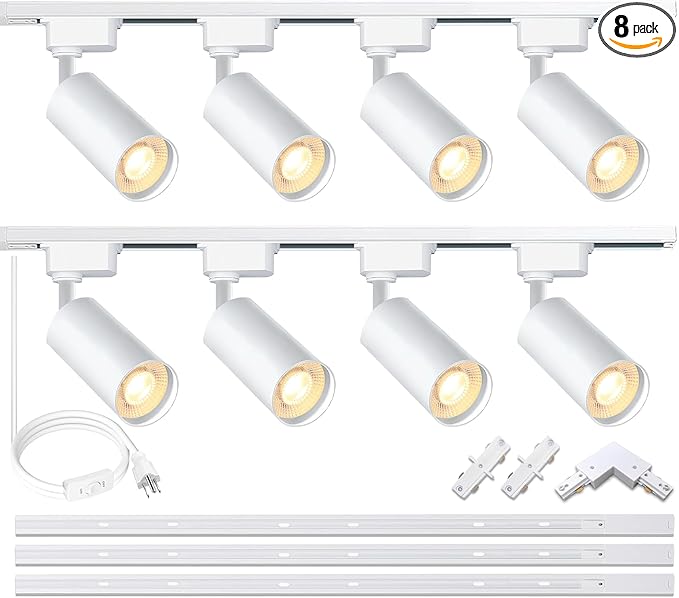 H Type LED White Track Lighting Heads Kit, 8 Heads 6000K Cool White 20W 2700lm High Brightness Track Lighting System with 9.8ft (3.28 * 3) Track Rail, Angle Adjustable Track Light