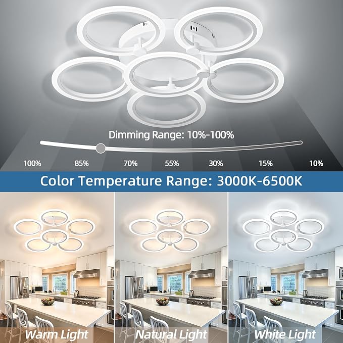 LED Ceiling Light, 6-Ring Modern Flush Mount Fixture, 77W Dimmable 3000K–6500K, White Ceiling Light with Remote for Living Room Bedroom Kitchen (28.9")