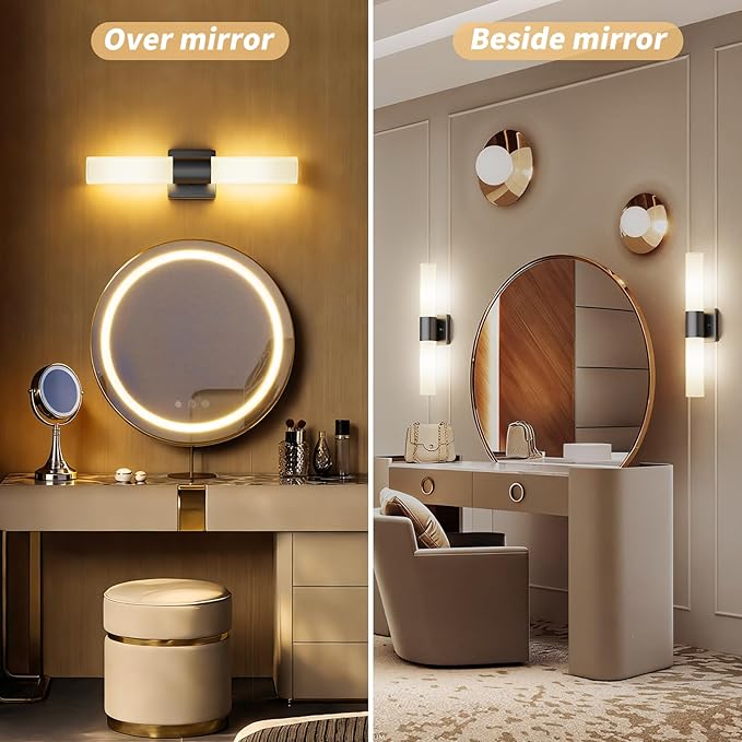 Wall Sconces Set of Two, Modern 21" Vanity, Frosted Glass, Black | Indoor Wall Light Fixture. For Bathroom, Mirror, Bedroom, Living Room, Hallway. Mounting Hardware Included. Easy To Install.