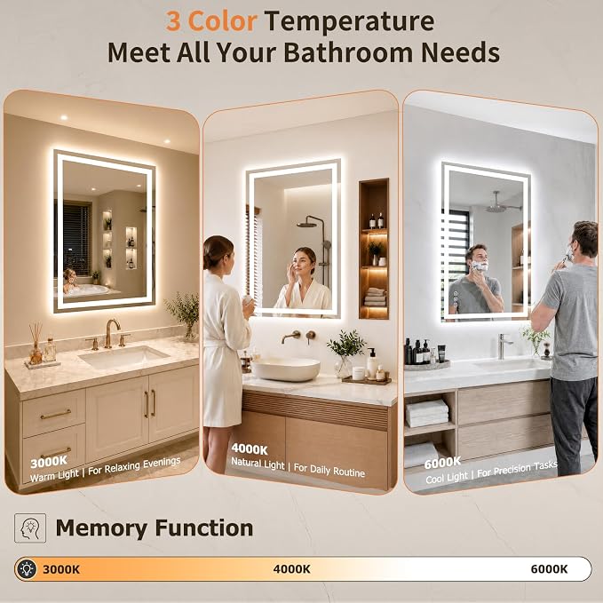 28"x36" LED Bathroom Mirror with Lights, Backlit+Frontlit, Anti-Fog | CRI 95, Stepless Dimmable, 3 Colors Lighting, Shatterproof Tempered Glass, HD Reflection, Memory, (Horizontal/Vertical)