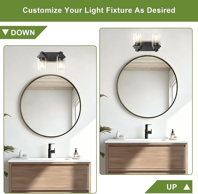 Black Bathroom Light Fixtures, 2 Lights Bathroom Lighting Fixtures Over Mirror, Square Design & Rectangle Large Backplate, Modern Vanity Lighting Fixtures, for Bathroom/Living Room/Bedroom