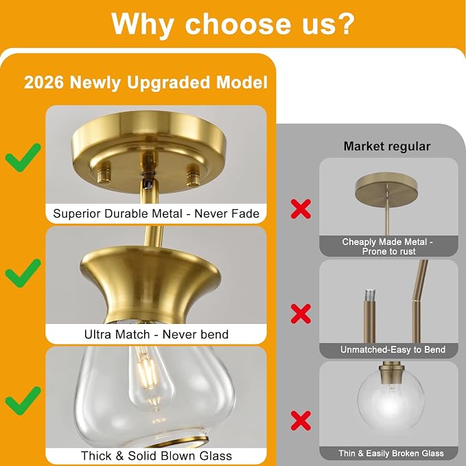2 Pack Modern Pendant Lights Kitchen Island, Brushed Gold Pendant Light Fixtures with 8.5" Clear Glass Shade, Industrial Hanging Pendant Lights Fixture for Kitchen Island Dining Room Hallway Entryway