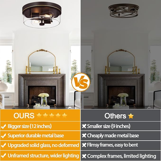 Flush Mount Ceiling Light Fixtures, 2-Light Oil Rubbed Bronze Ceiling Mount for Farmhouse with Clear Glass Lampshade, Industrial Flush Mount Light Fixture for Hallway, Kitchen, Entryway and Foyer