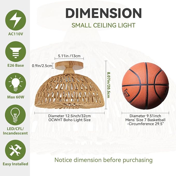 Boho Ceiling Light Fixtures,Rattan Light Fixture,Small Boho Chandelier Hand Woven Ceiling Light with Wooden Base,Rattan Flush Mount Ceiling Lights for Bedroom Hallway Kitchen Entryway Nursery