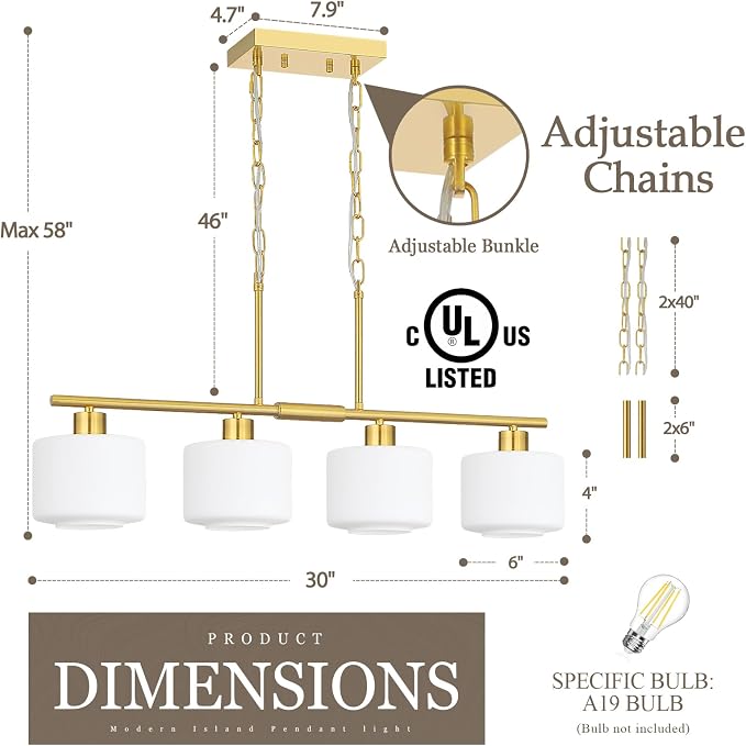 4-Light Brushed Gold Kitchen Island Lighting, Modern Linear Dining Room Chandelier Light Fixtures with Milk Glass and Chain, Mid Century Hanging Lights for Kitchen Island, OS-YQ8153-4ISBGW