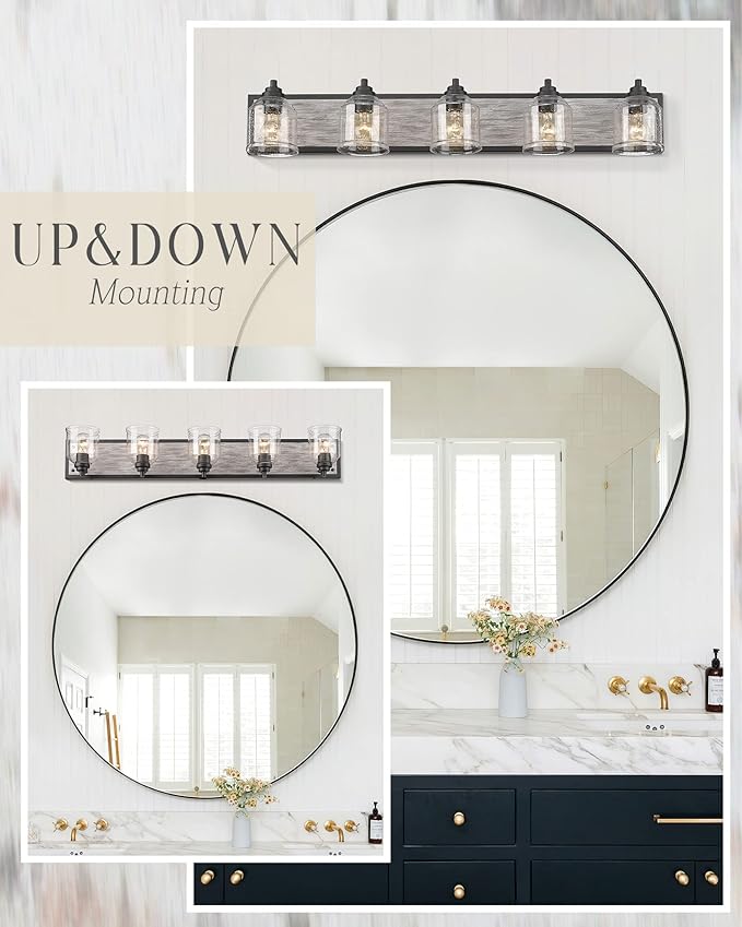 Vanity Lights for Bathroom Large 40", Farmhouse Rustic Vanity Light with Bubble Glass Shades, Gray 5 Light Bathroom Lighting Fixtures Over Mirror, Bath Wall Sconce Home Decor